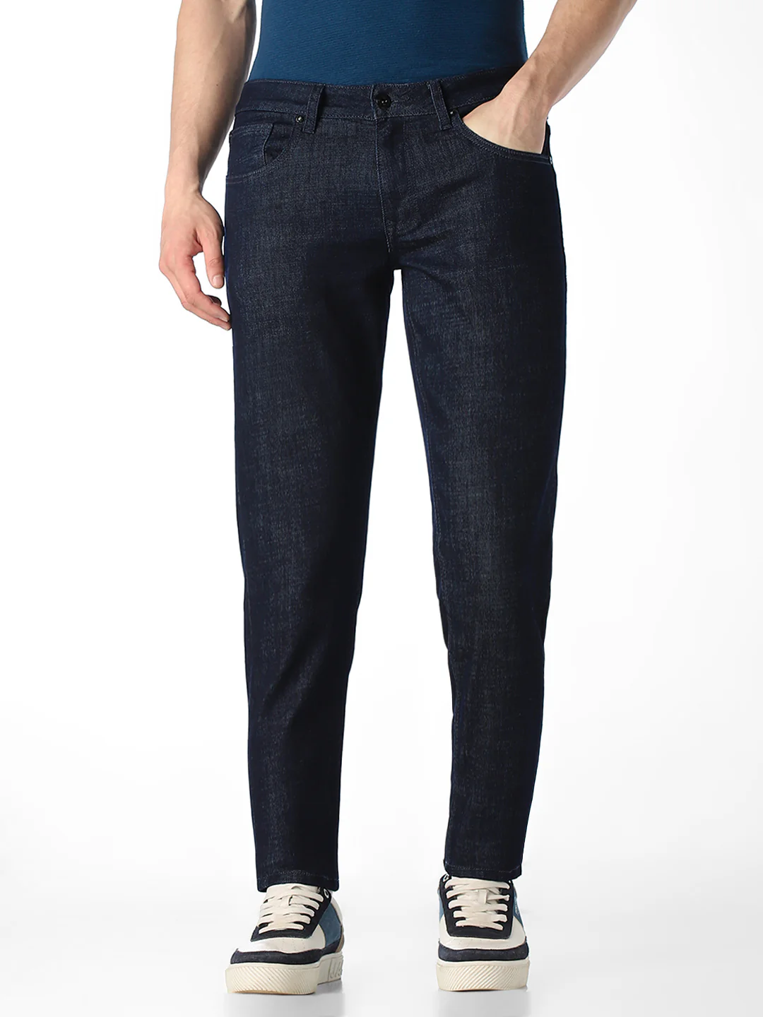 Men's Dark Blue Slim Fit Cotton Jeans With Zip Fly