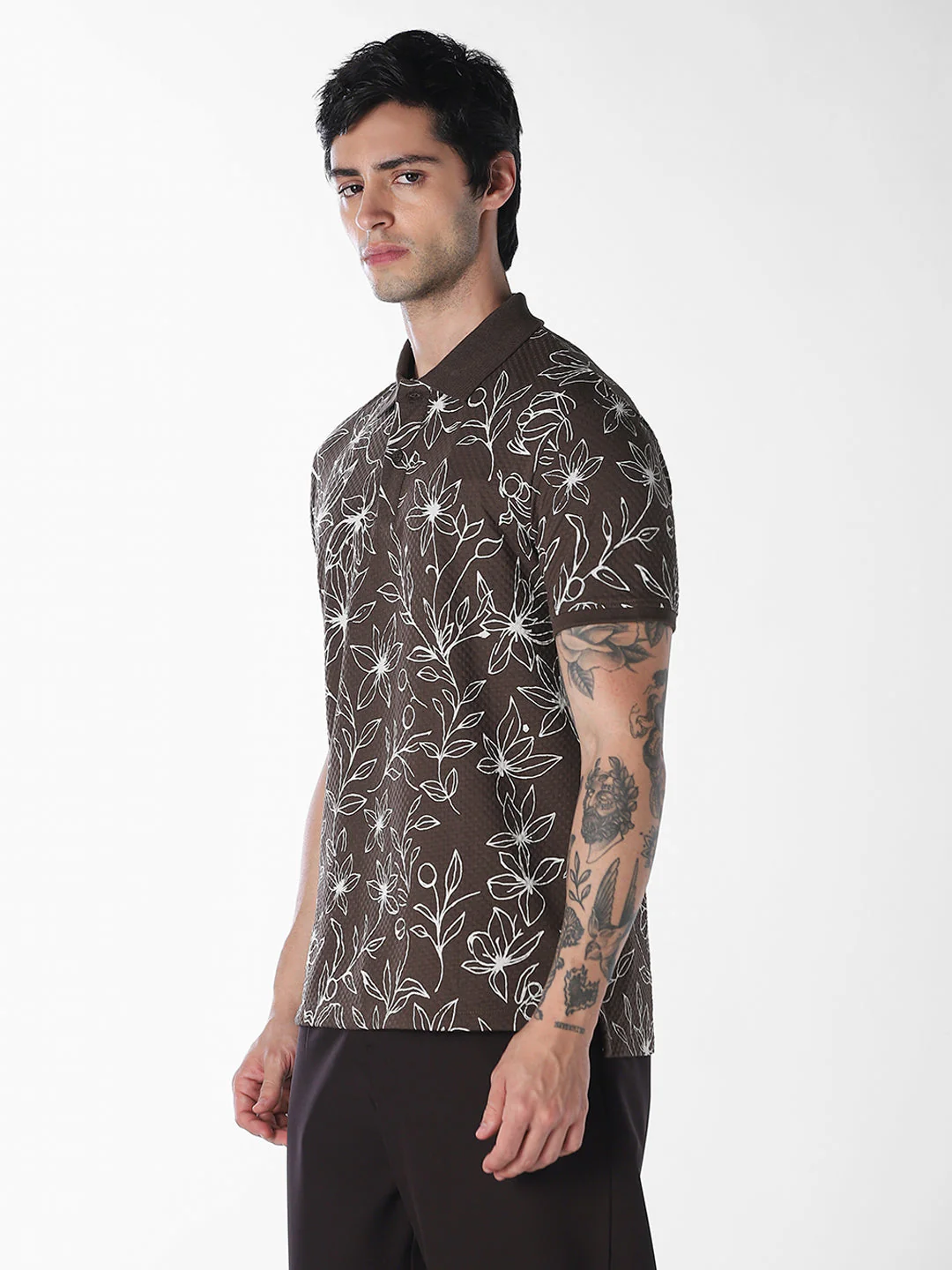 Brown Floral Print Polo - Image 3