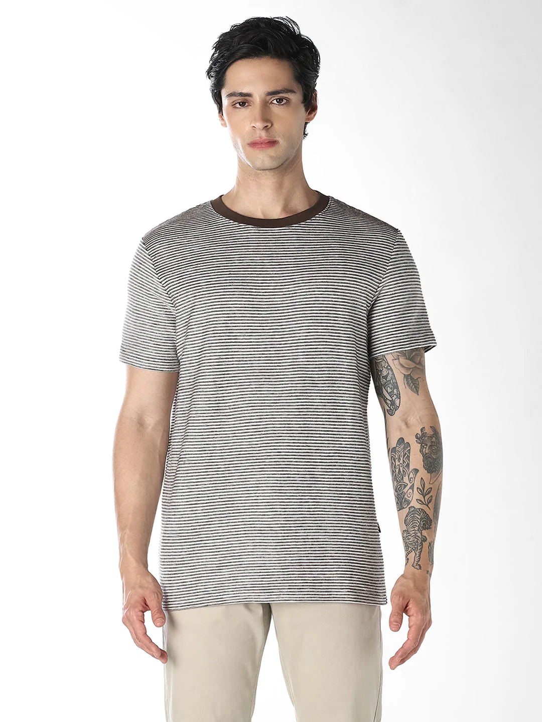 Dark Brown Striped Cotton T-shirt - Image 2