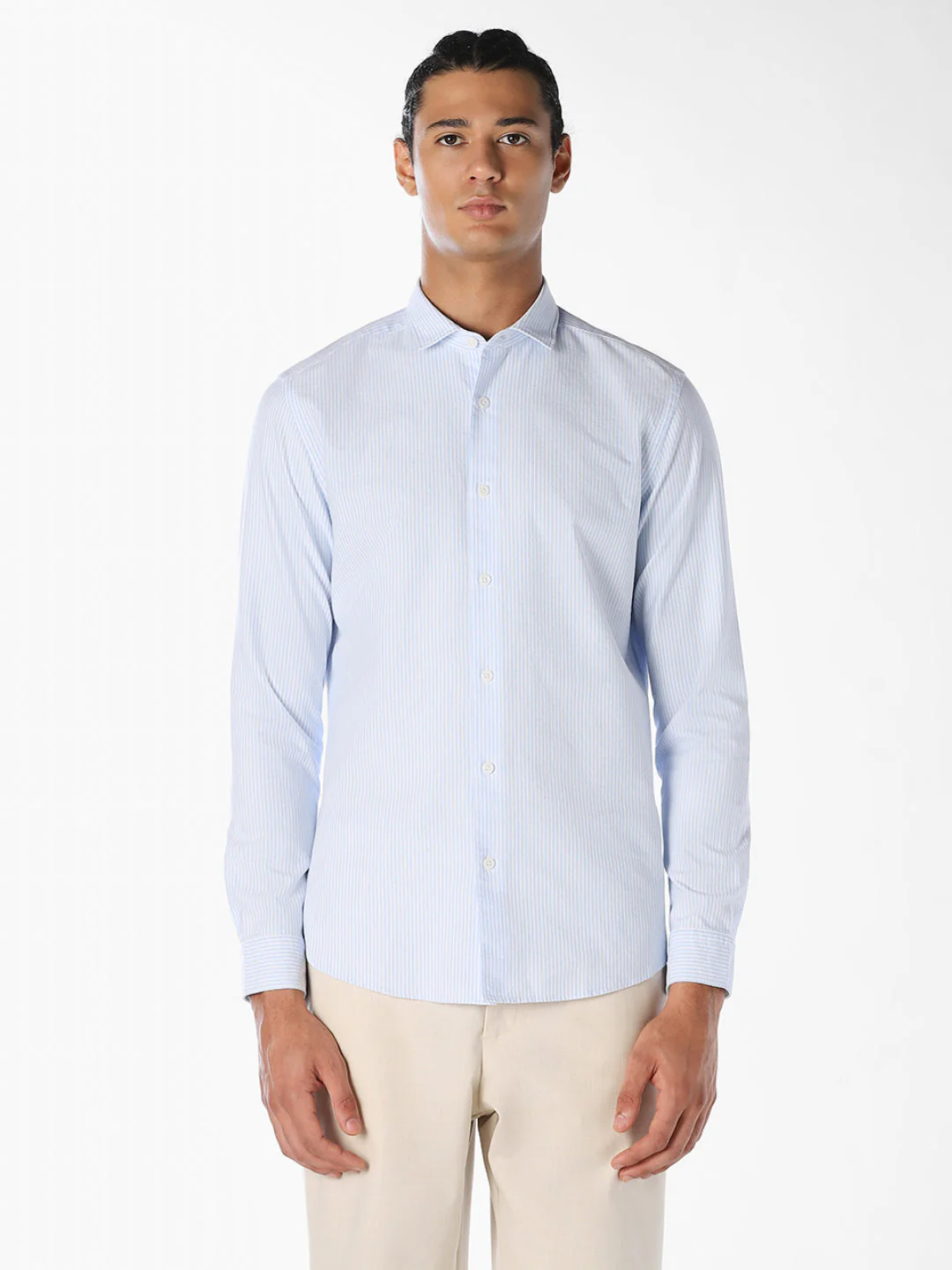 Blue Cotton Striped Formal Shirt - Image 2