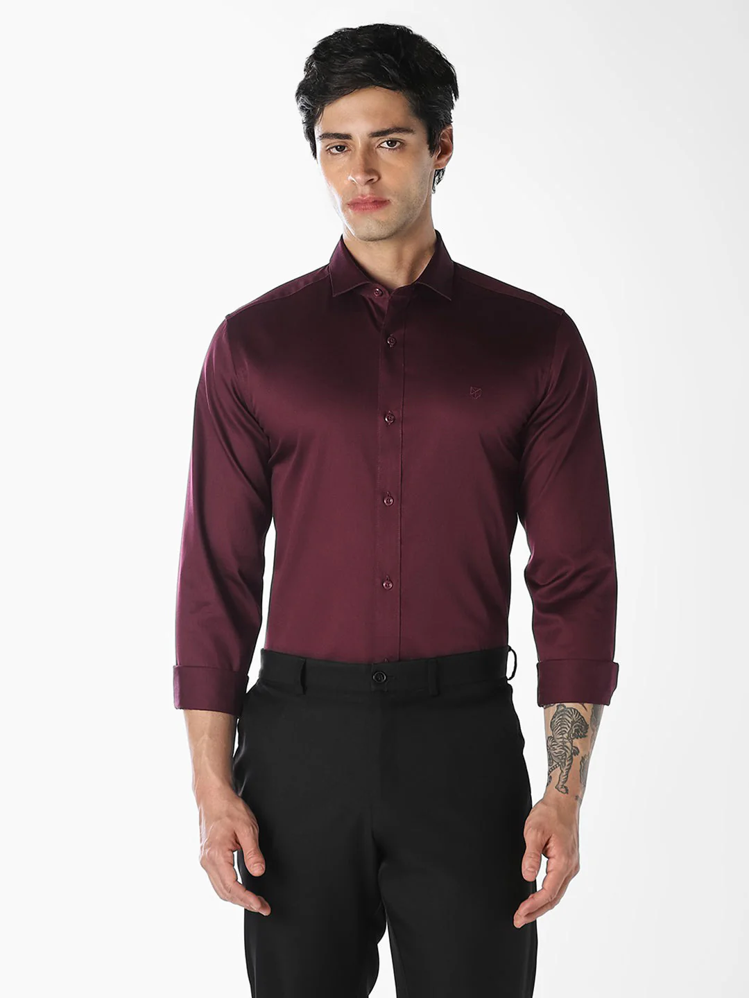 Cotton Twill Slim Fit Formal Shirt - Wine - Image 2