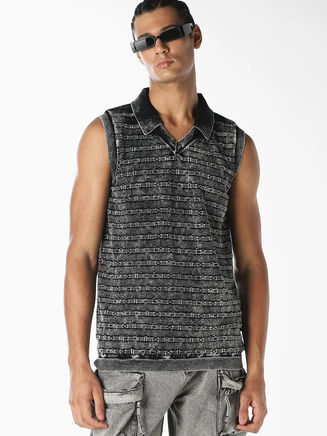 Charcoal Grey Patterned Knitted Polo