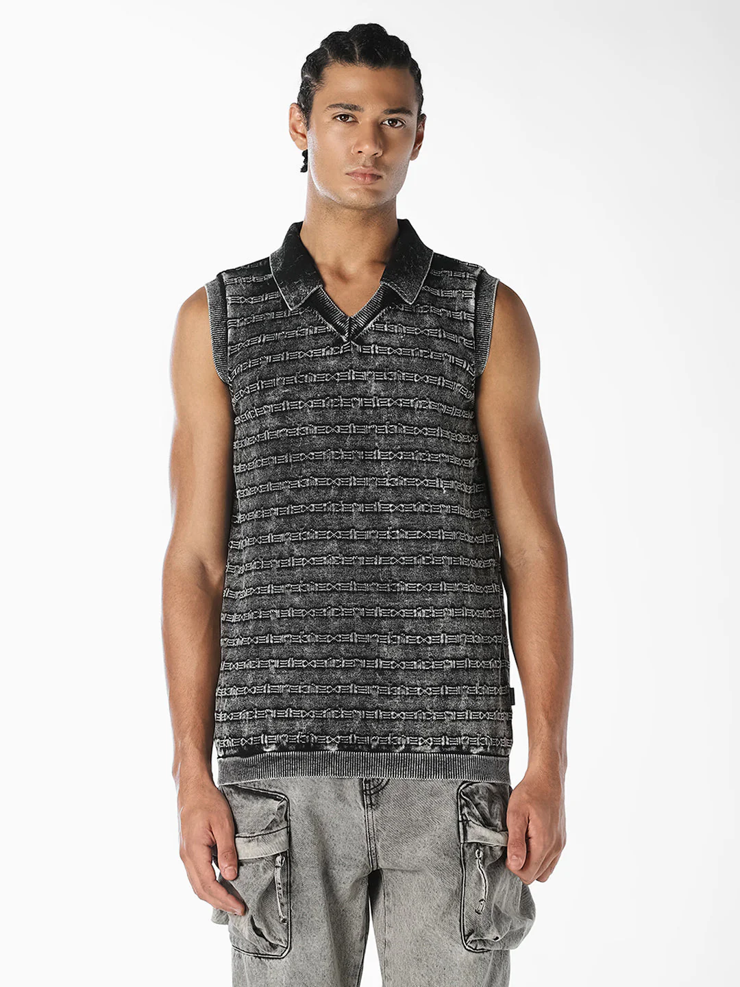 Charcoal Grey Patterned Knitted Polo - Image 2