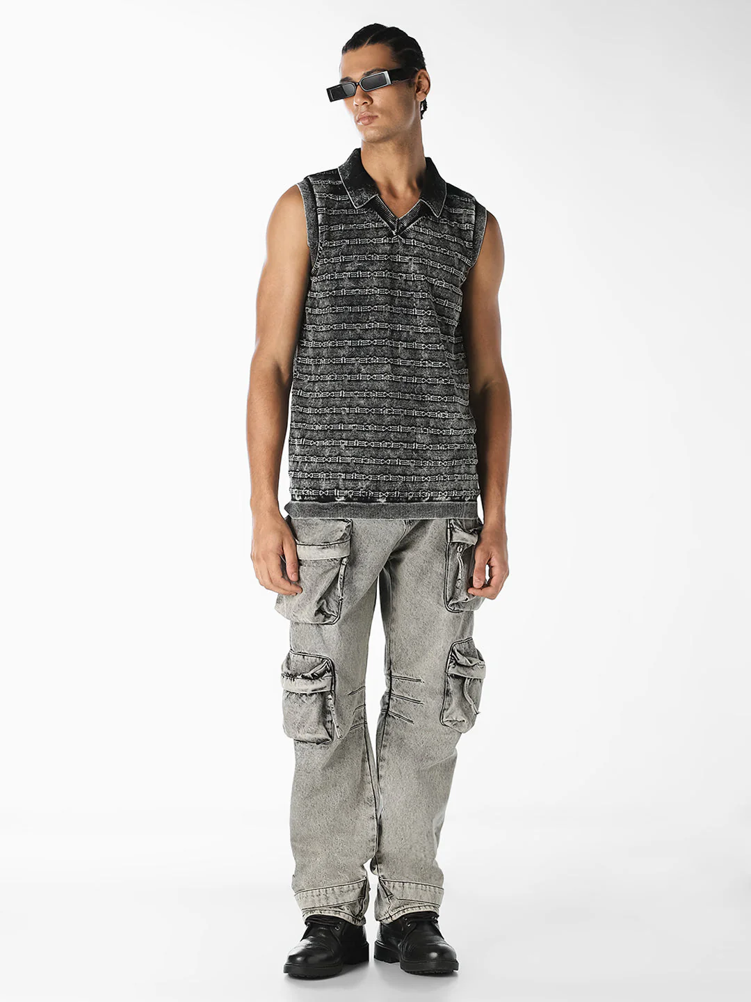 Charcoal Grey Patterned Knitted Polo - Image 6
