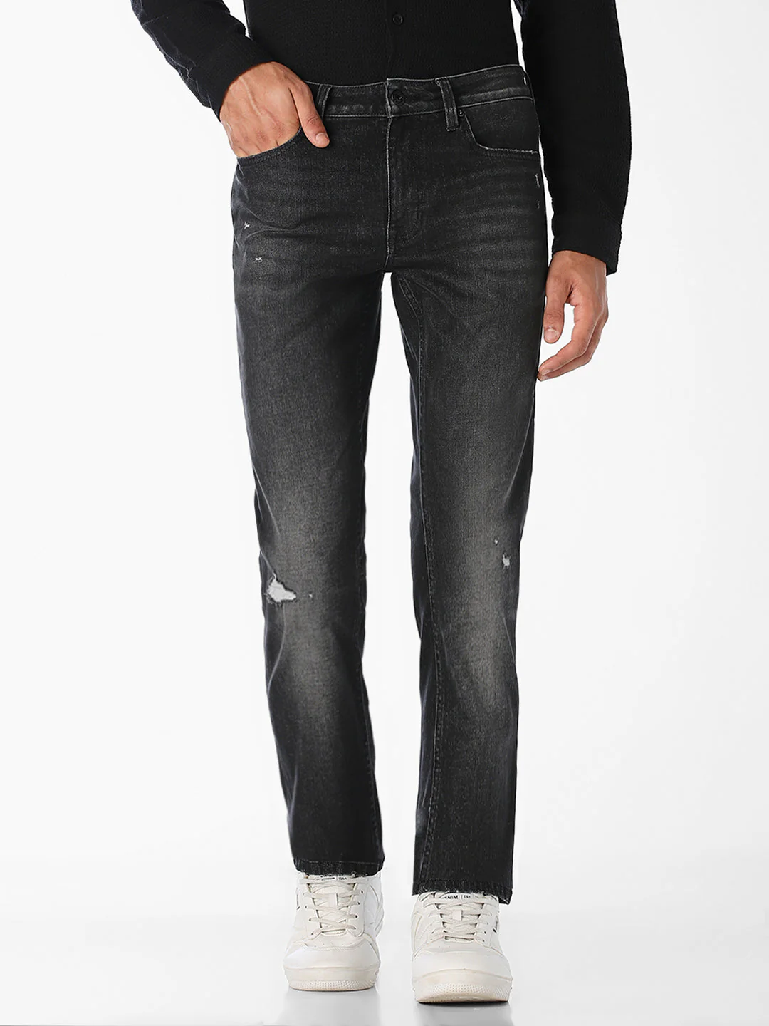 Black Mildly Distressed Regular Fit Jeans