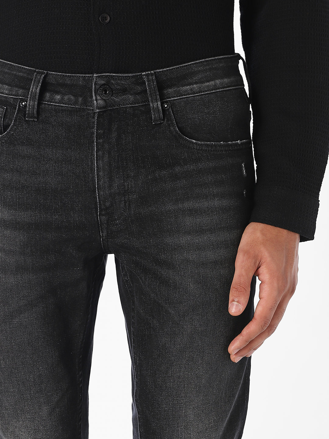 Black Mildly Distressed Regular Fit Jeans - Image 4