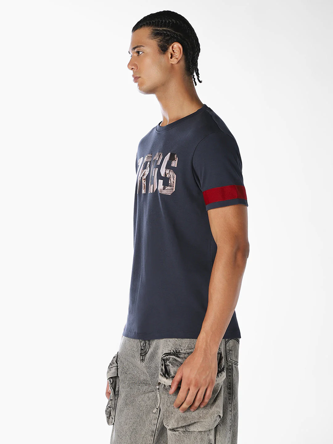 Dark Blue Printed Cotton T-shirt - Image 3
