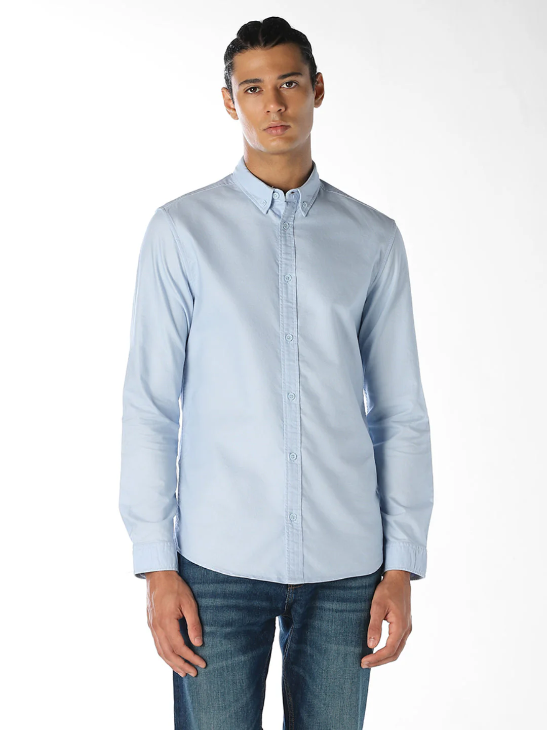 Light Blue Cotton Regular Fit Shirt - Image 2