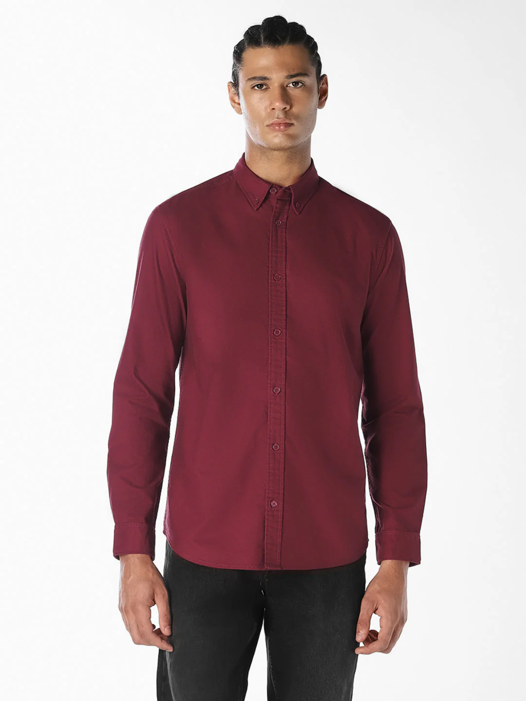 Maroon Cotton Slim Fit Shirt - Image 2