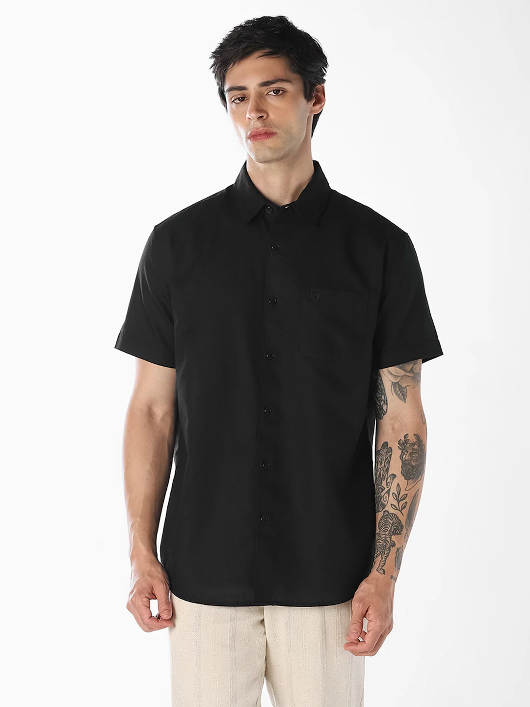 Black Linen Blend Short Sleeves Shirt - Image 2