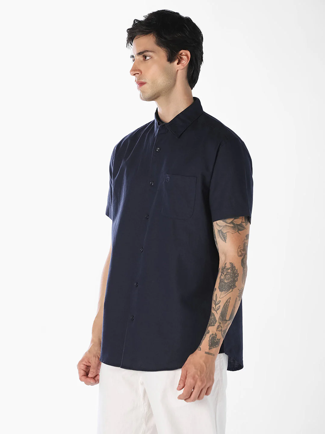 Navy Linen Blend Short Sleeves Shirt - Image 3