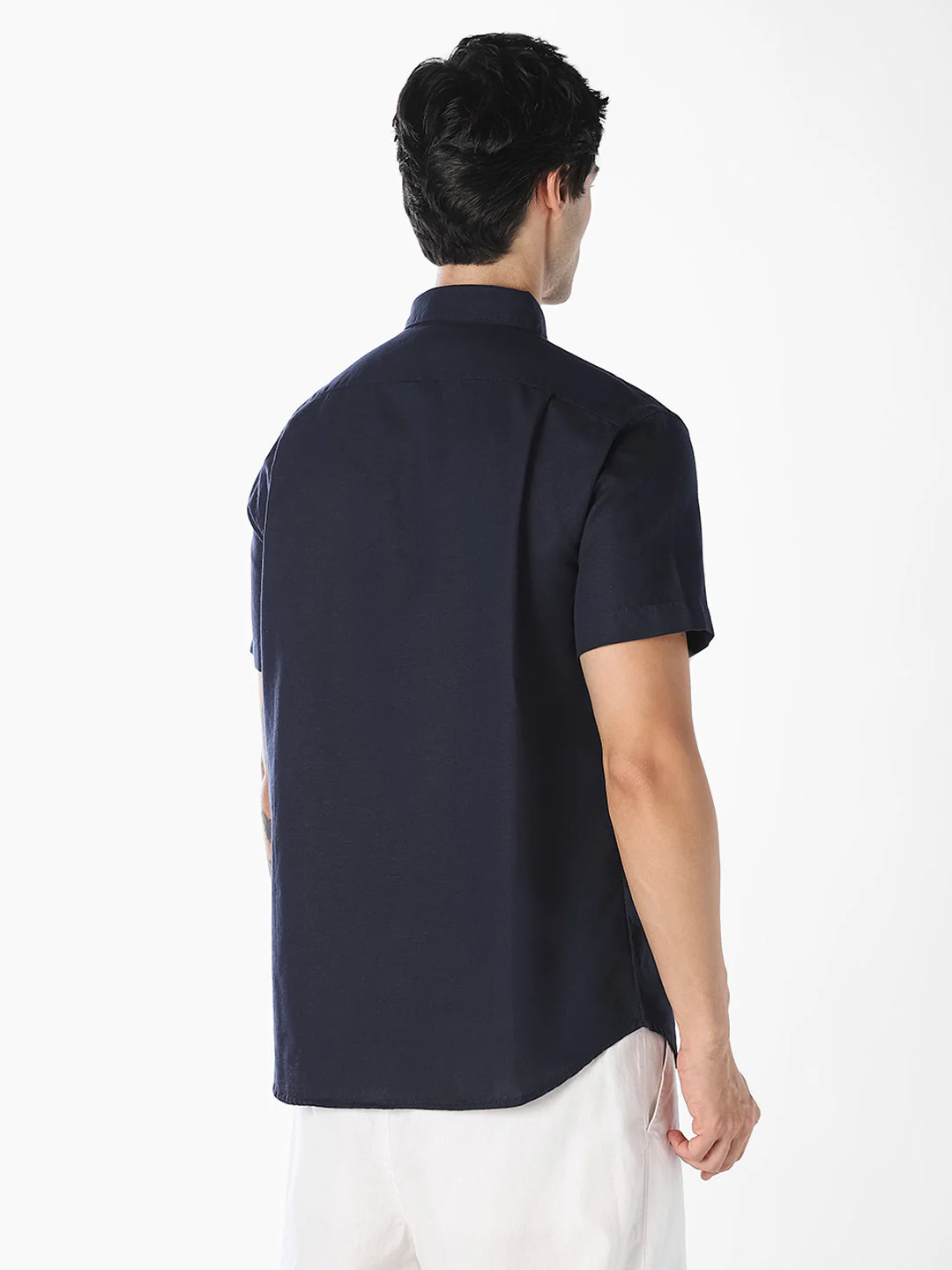 Navy Linen Blend Short Sleeves Shirt - Image 4