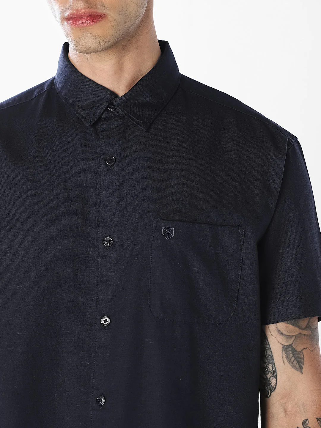 Navy Linen Blend Short Sleeves Shirt - Image 5